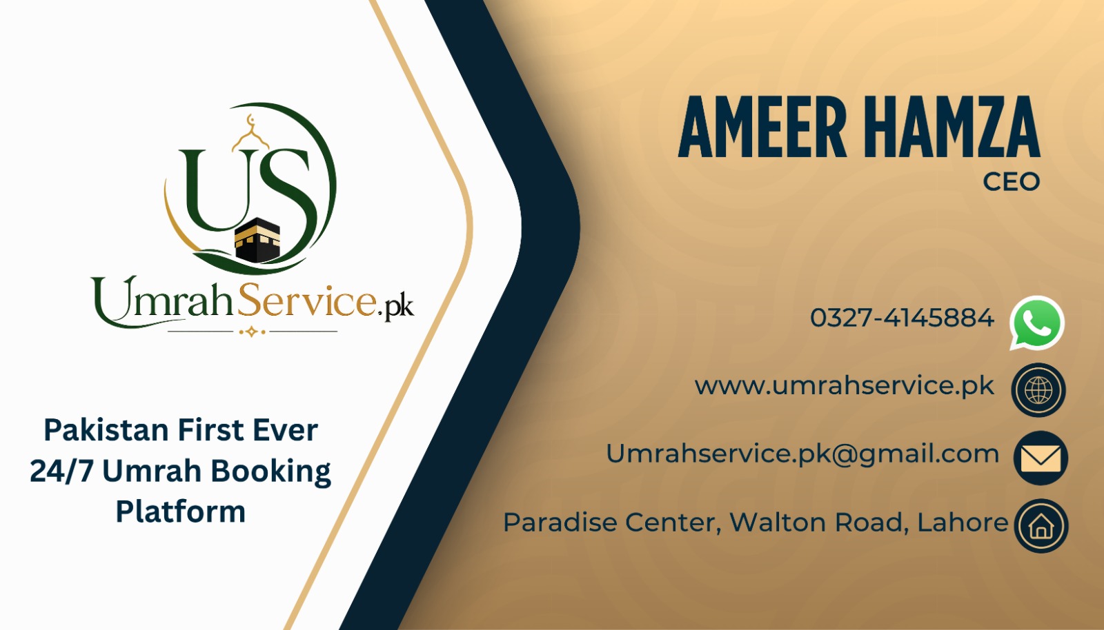 UmrahService.pk business card — Ameer Hamza, CEO. Call 0327-4145884, https://www.umrahservice.pk